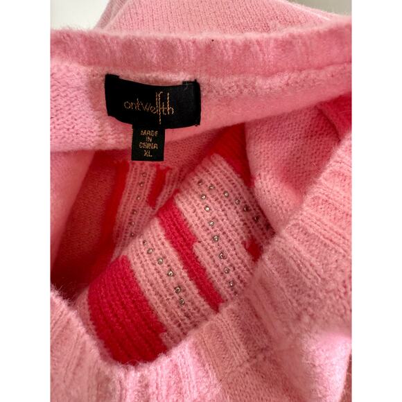 On Twelfth pink acrylic spandex pearl studded women’s LOVE MORE sweater - Picture 5 of 5